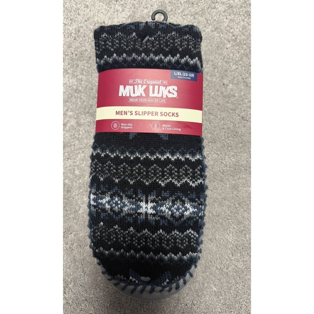 MUK LUKS Mens Slipper Socks Size L/XL Shoe Size 11-13 Blue Black Gray Warm NEW